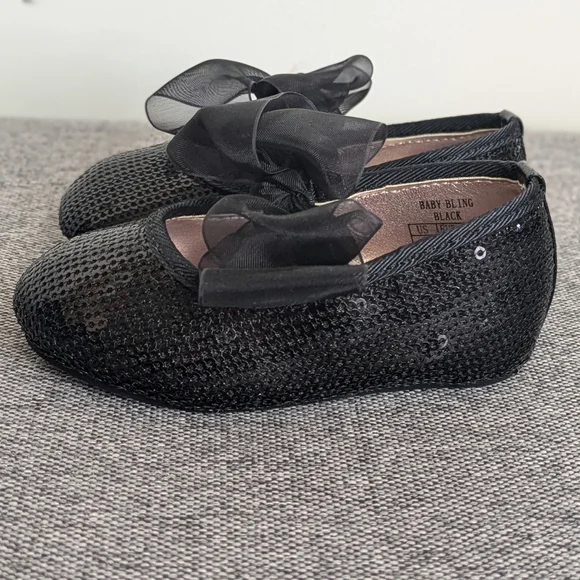 🆕 Stuart Weitzman Baby Bling Black Sparkly Sequin Shoes Organza Bow Size 3 - Picture 3 of 9
